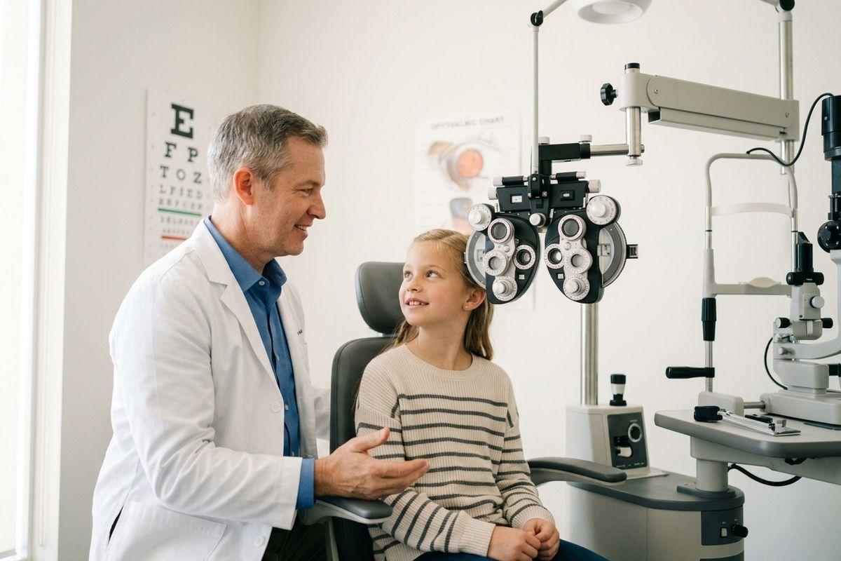 A smiling optometrist talks to a smiling child sitting in an exam chair next to a phoropter.