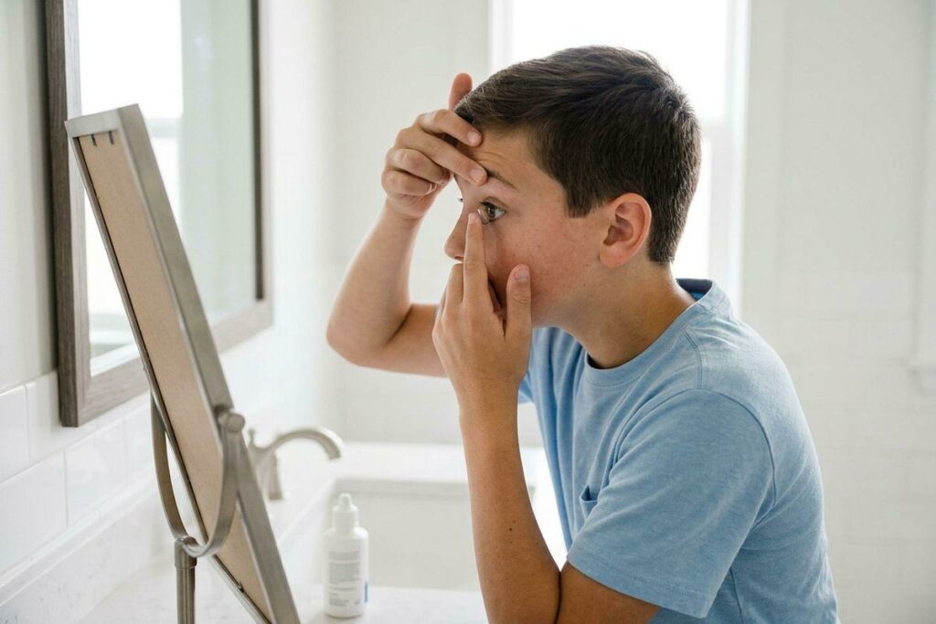 A young person looks into a bathroom mirror, holding their eyelid open to carefully insert a contact lens.