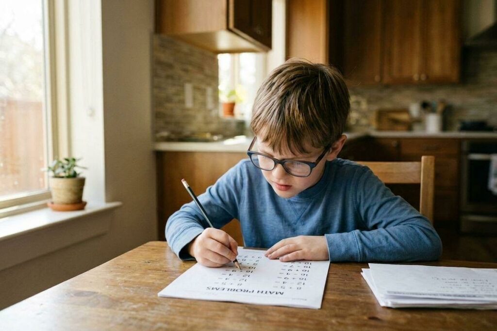 Focused child wearing glasses sits at a wooden table in a kitchen, writing with a pencil on a math worksheet.
