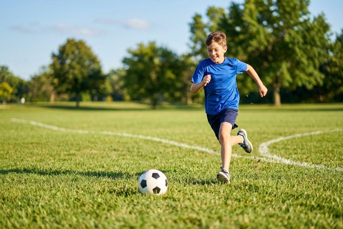 Smiling child in a blue shirt running toward a soccer ball on a green grassy field.