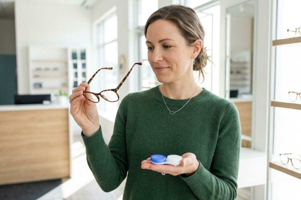 An adult in an optometry clinic holds eyeglasses in one hand and a contact lens case in the other, smiling slightly.
