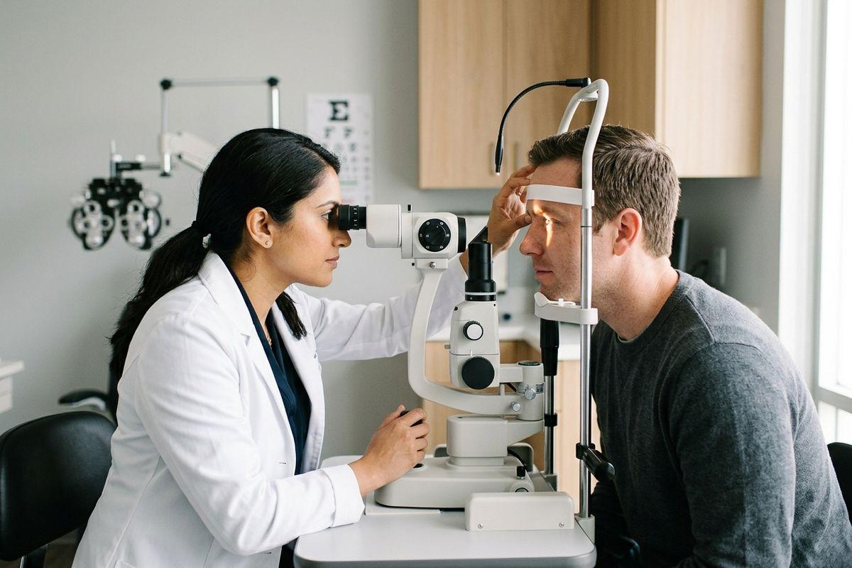 Focused optometrist examining an adult patient's eye using a slit lamp in an exam room.
