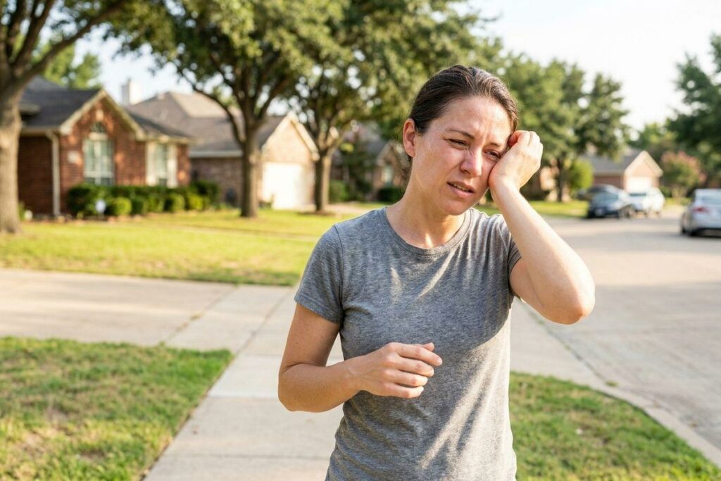 Adult in a gray t-shirt standing on a suburban sidewalk, wiping their face with one hand and grimacing in bright sunlight.