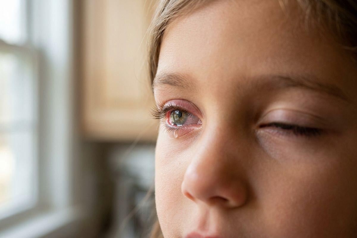Close-up of a child's face with one eye closed and the other open, showing redness and a tear, near a bright window indoors.